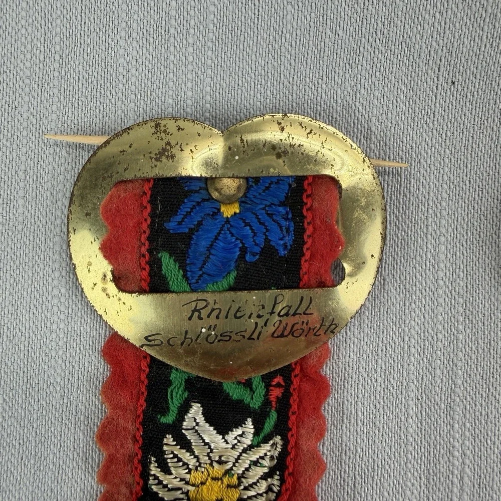 Vintage Swiss Rheinfall Schossli Worth Cow Bells Embroidered Strap Souvenir Pair